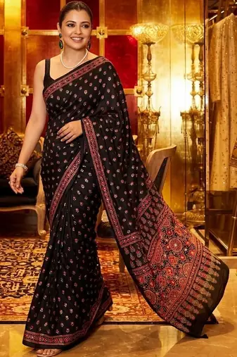 Black women ajrak block mirror work saree