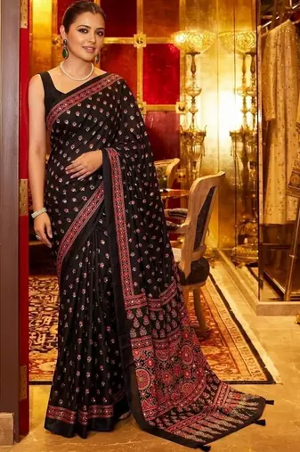 Black women ajrak block mirror work saree