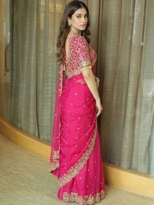 Pink ethnic motifs embroidered satin saree 2