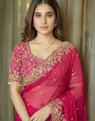 Pink ethnic motifs embroidered satin saree 3