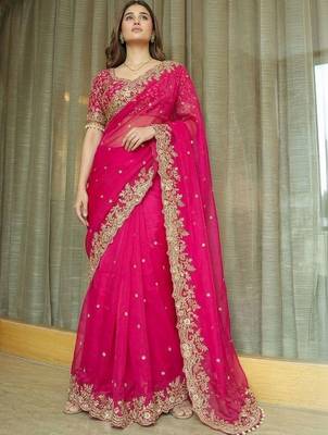 Pink ethnic motifs embroidered satin saree 4