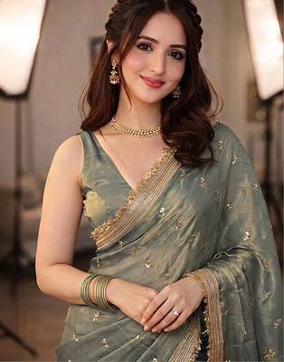 Teal floral embroidered pure chiffon tussar saree 1