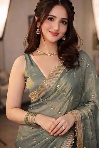Teal floral embroidered pure chiffon tussar saree