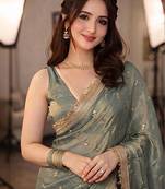Teal floral embroidered pure chiffon tussar saree