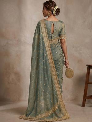 Teal floral embroidered pure chiffon tussar saree 2