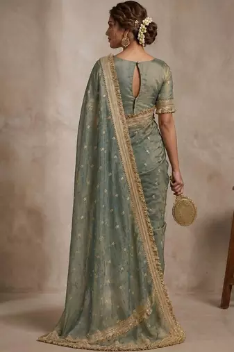 Teal floral embroidered pure chiffon tussar saree