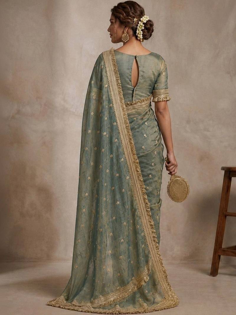 Teal floral embroidered pure chiffon tussar saree