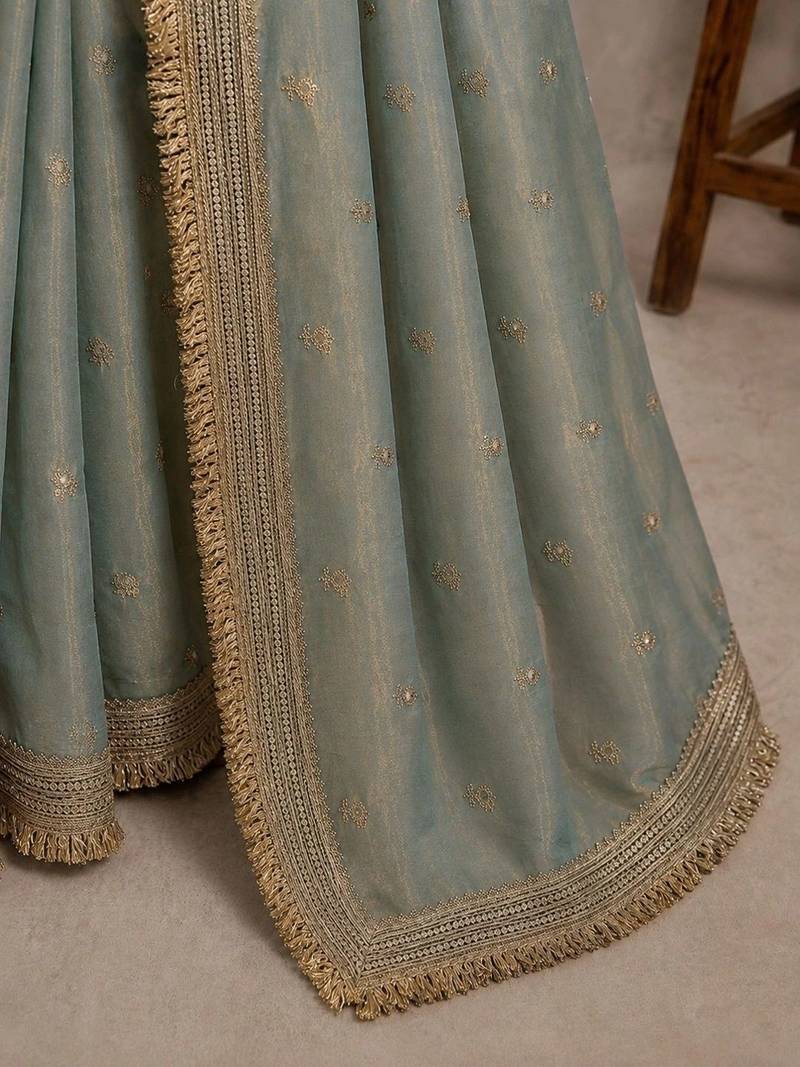 Teal floral embroidered pure chiffon tussar saree