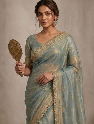 Teal floral embroidered pure chiffon tussar saree 4