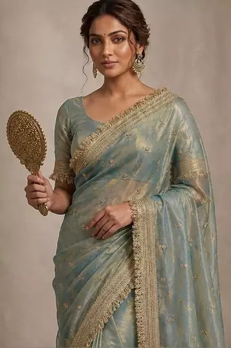 Teal floral embroidered pure chiffon tussar saree