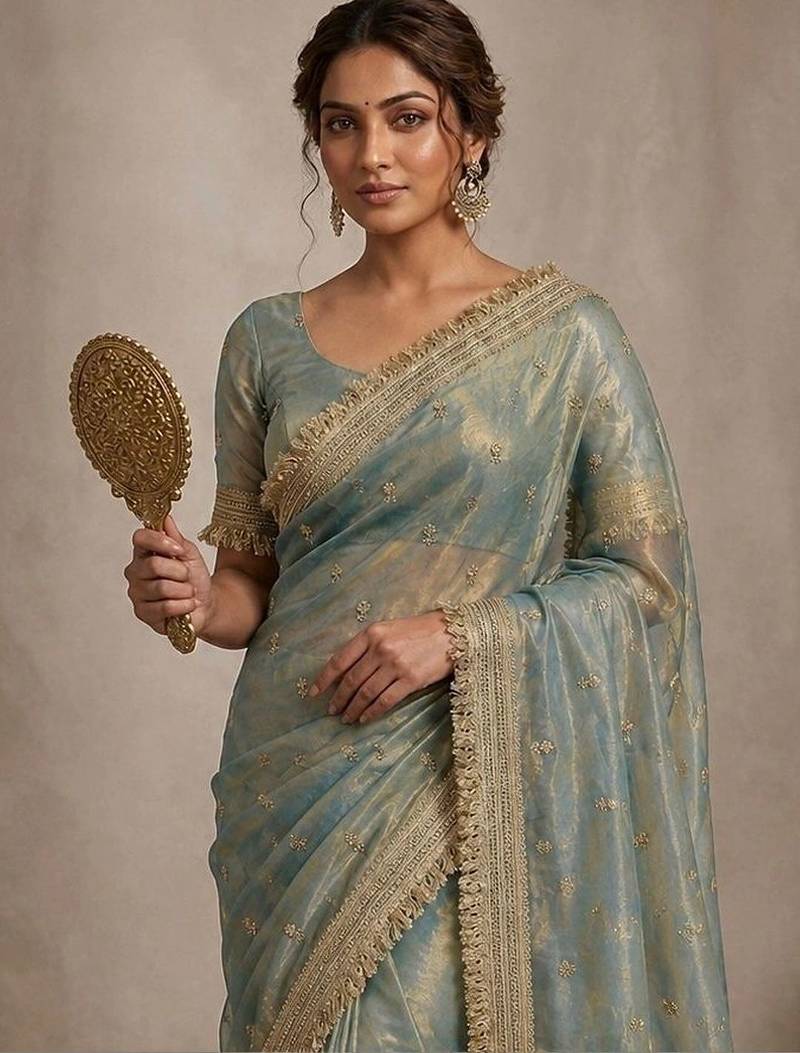 Teal floral embroidered pure chiffon tussar saree