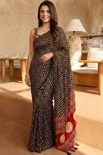 Black ajrak block mirror work saree