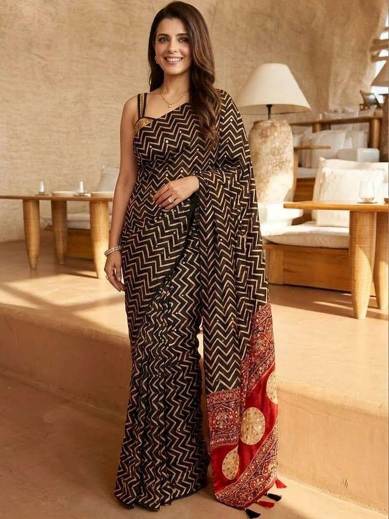 Black ajrak block mirror work saree