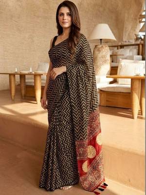 Black ajrak block mirror work saree 2