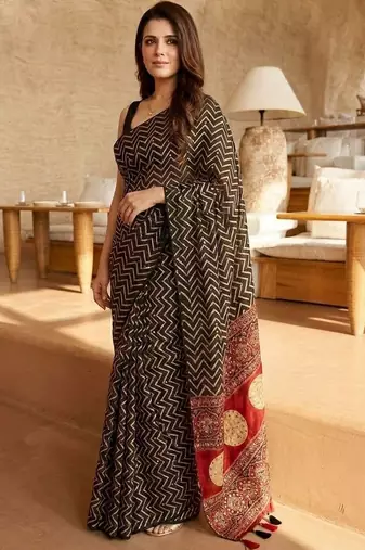 Black ajrak block mirror work saree