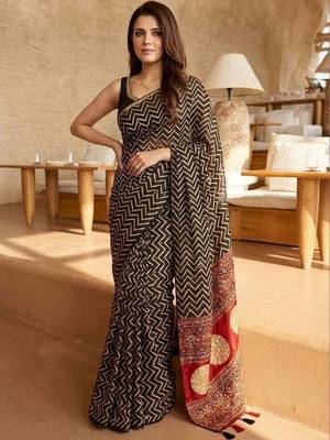 Black ajrak block mirror work saree 3