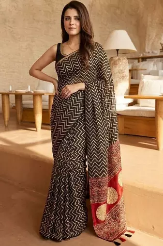Black ajrak block mirror work saree