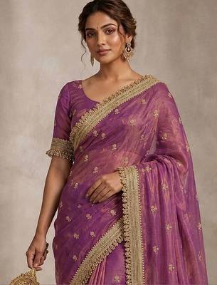 Purple floral embroidered pure chiffon tussar saree 1