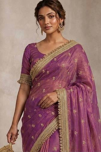 Purple floral embroidered pure chiffon tussar saree