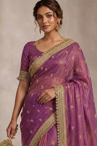 Purple floral embroidered pure chiffon tussar saree