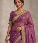 Purple floral embroidered pure chiffon tussar saree