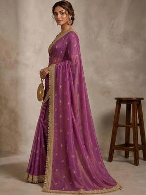 Purple floral embroidered pure chiffon tussar saree 2