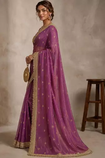 Purple floral embroidered pure chiffon tussar saree