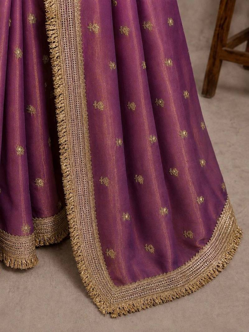 Purple floral embroidered pure chiffon tussar saree