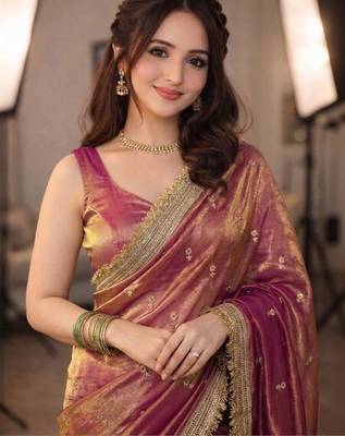 Purple floral embroidered pure chiffon tussar saree 4