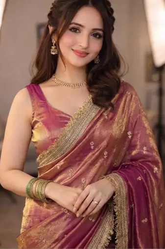 Purple floral embroidered pure chiffon tussar saree