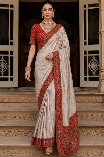 Cream paisley zari satin designer banarasi saree