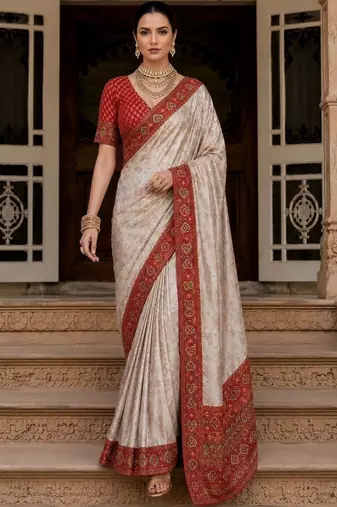 Cream paisley zari satin designer banarasi saree