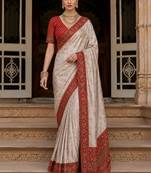 Cream paisley zari satin designer banarasi saree
