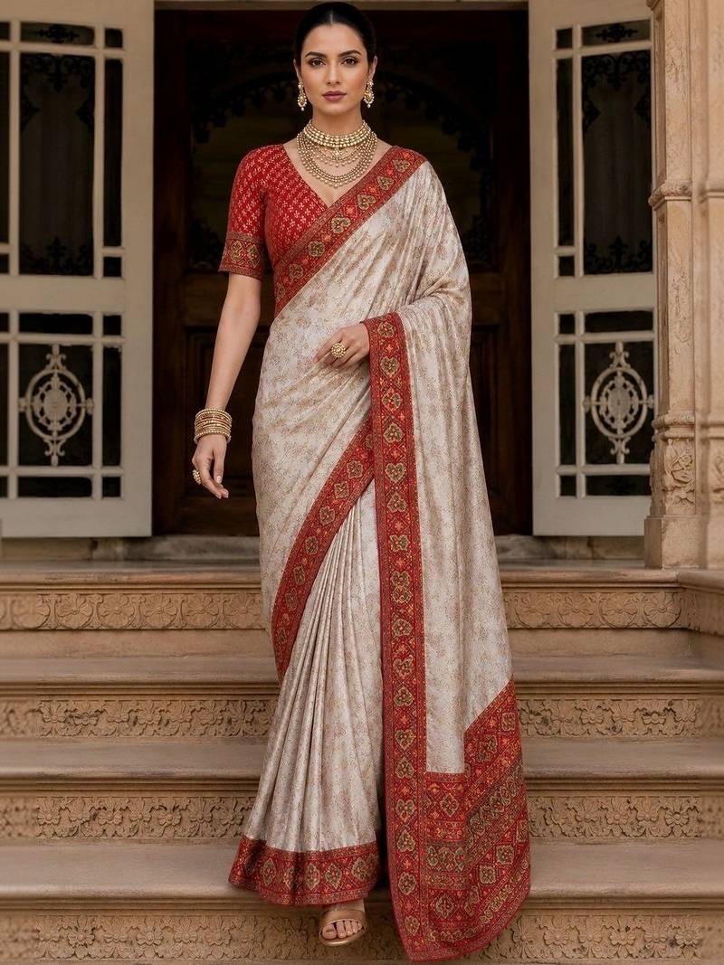 Cream paisley zari satin designer banarasi saree