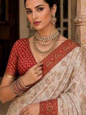Cream paisley zari satin designer banarasi saree 2