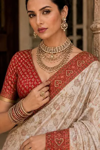 Cream paisley zari satin designer banarasi saree