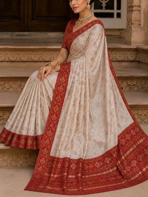 Cream paisley zari satin designer banarasi saree 3