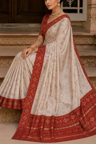 Cream paisley zari satin designer banarasi saree