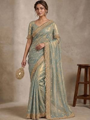Sea green floral embroidered pure chiffon tussar saree 1