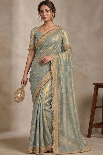Sea green floral embroidered pure chiffon tussar saree