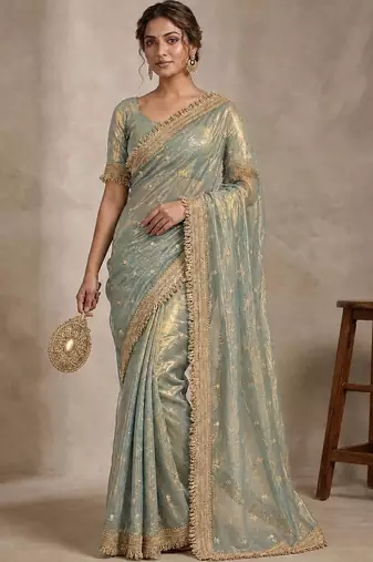 Sea green floral embroidered pure chiffon tussar saree