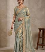 Sea green floral embroidered pure chiffon tussar saree