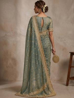 Sea green floral embroidered pure chiffon tussar saree 2