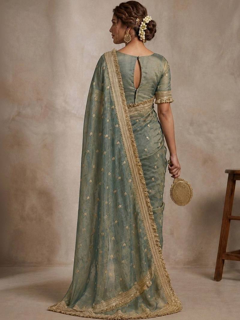 Sea green floral embroidered pure chiffon tussar saree