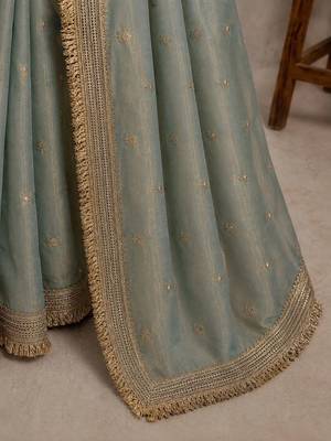 Sea green floral embroidered pure chiffon tussar saree 3