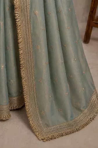 Sea green floral embroidered pure chiffon tussar saree