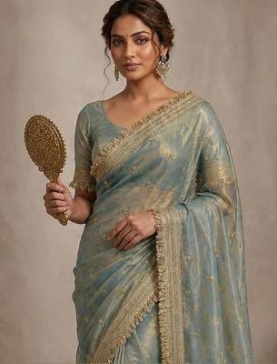 Sea green floral embroidered pure chiffon tussar saree 4