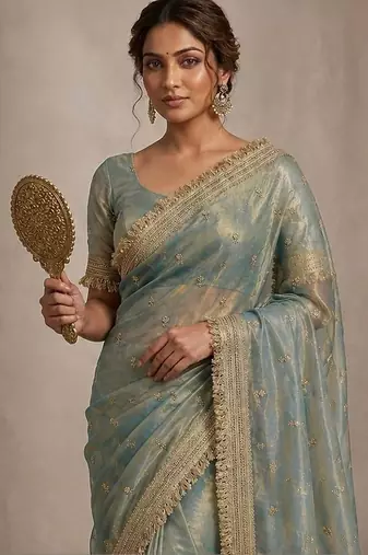 Sea green floral embroidered pure chiffon tussar saree