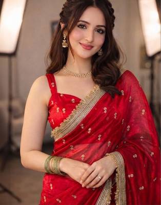 Red floral embroidered pure chiffon tussar saree 1