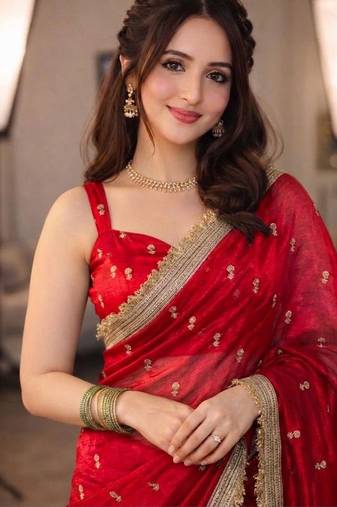 Red floral embroidered pure chiffon tussar saree